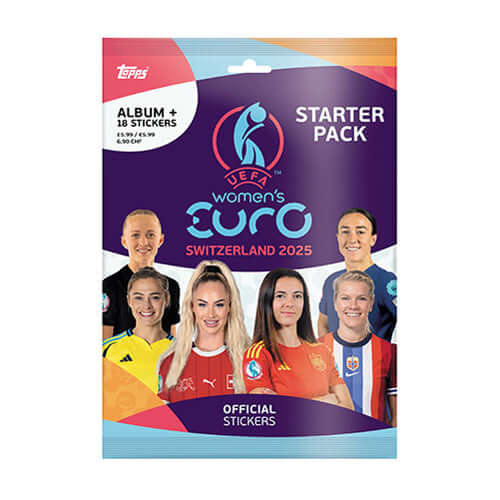 UEFA Women's Euro 2025 Starter Pack by Topps featuring album and 18 official stickers with player images.