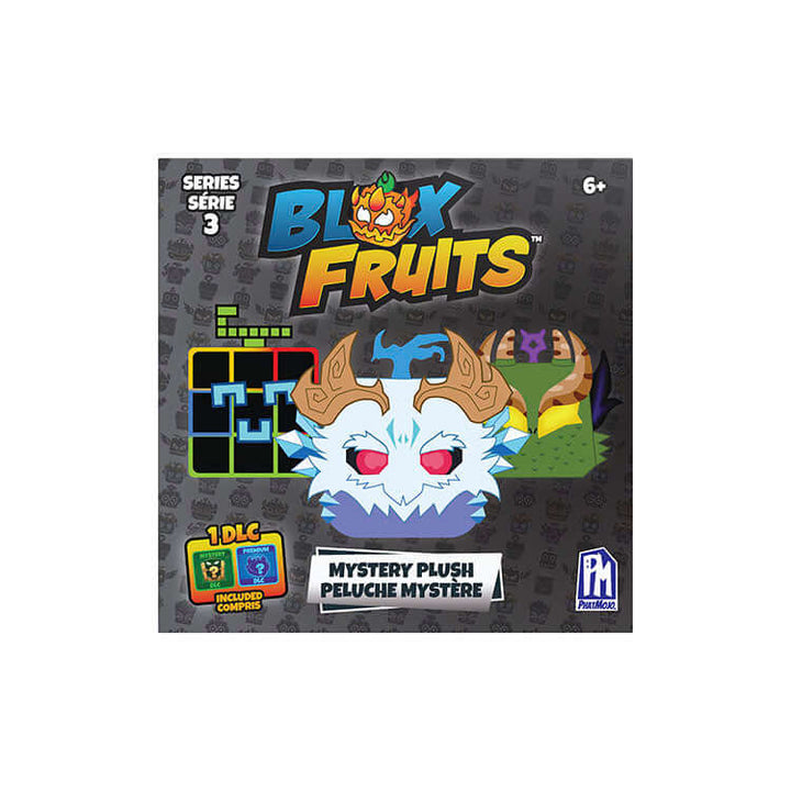 Blox Fruits 8" Collectable Plush Series 3 Mystery Plush box showing characters and DLC code details.