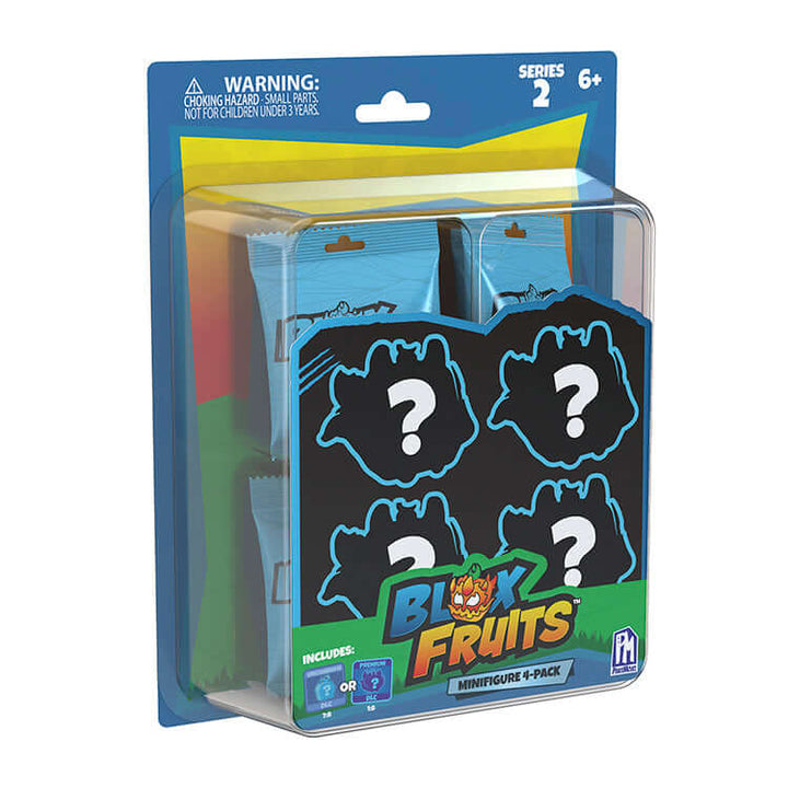 Blox Fruits Series 2 Minifigure 4-Pack with mystery fruits, collectible packaging for kids 6+.