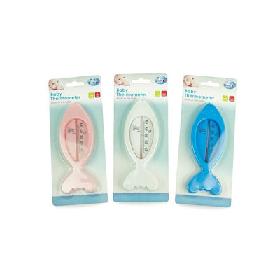 Fish design floating bath thermometers in pink, white, and blue for safe baby bath temperatures, easy to use and floatable.