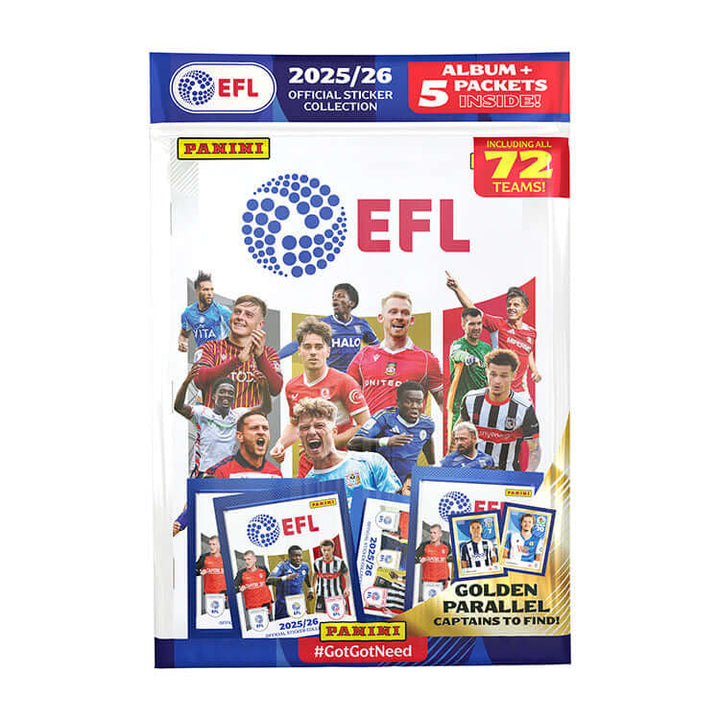 EFL 2025/26 Sticker Collection featuring album and packets with players from all 72 teams.