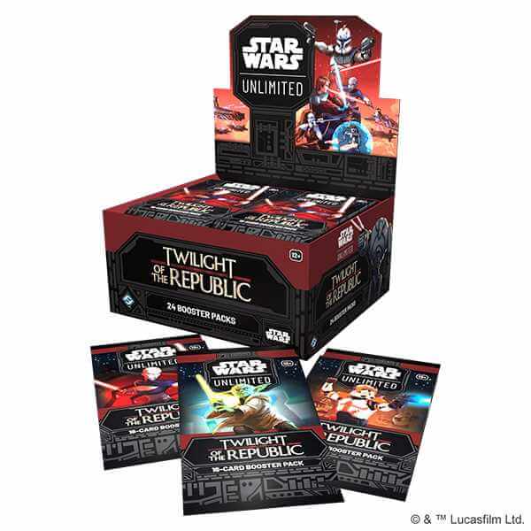 Star Wars Unlimited Twilight of the Republic booster pack display featuring 24 sealed packs for trading card game enthusiasts.