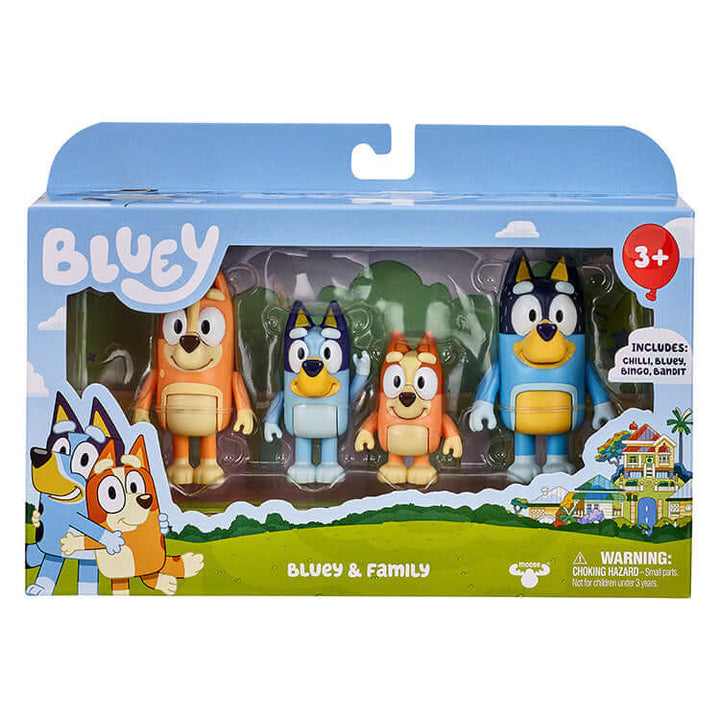 Bluey Series 1 Family Pack with Bluey, Bingo, Chilli, and Bandit articulated figures in a colorful packaging for ages 3 and up.