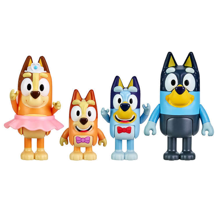 Bluey Series 1 Family Pack with articulated Bluey, Bingo, Chilli, and Bandit figures, perfect for imaginative play and pre-school hands.