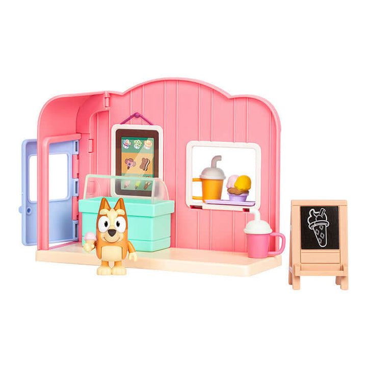 Ice Cream Shop Playset with Bluey figure and accessories, part of Bluey Series 10 Mini Playset Assortment for imaginative play.