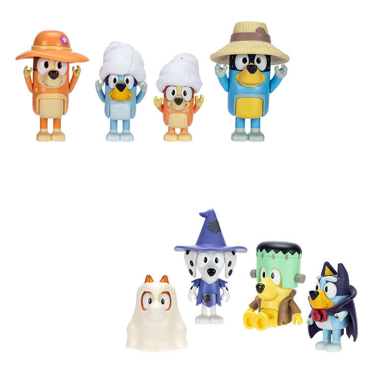 Bluey S11 Figure 4 Pack featuring Family Trip and Halloween themed figures with moving arms and bodies for imaginative play.