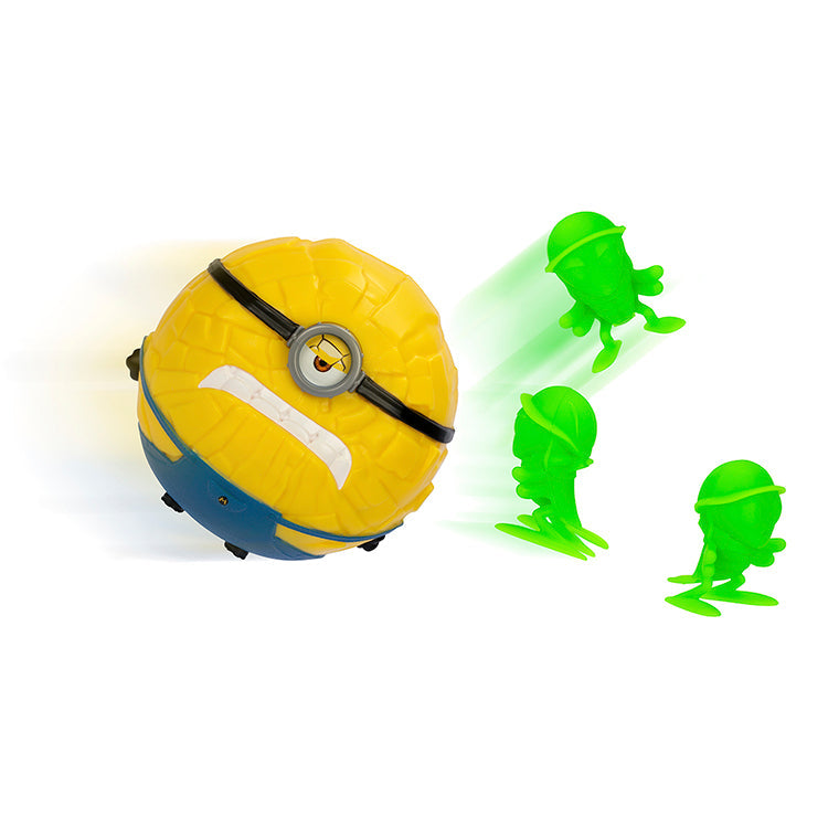 Despicable Me 4 Mega Minion Jerry rolling towards green roach figures for action-packed playtime fun.