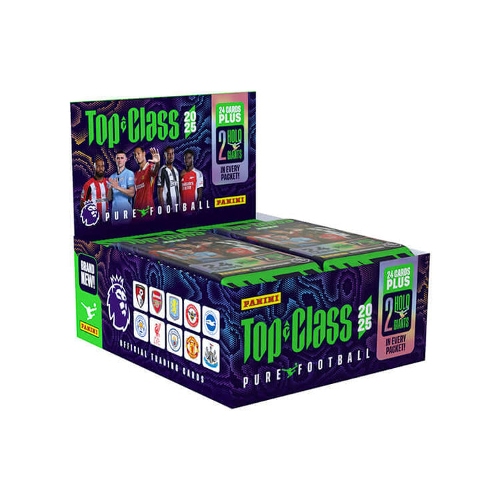 Premier League Top Class 2025 trading cards display box with vibrant design and top football players.