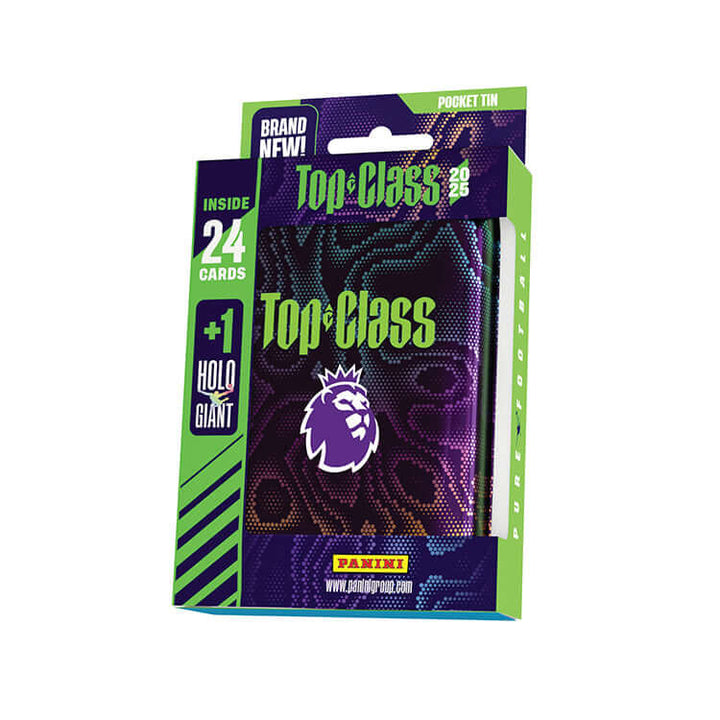 Premier League Top Class 2025 pocket tin featuring 24 trading cards and a Holo Giant card.