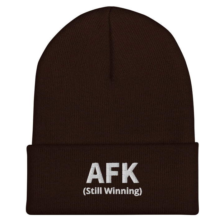 AFK cuffed beanie in brown, featuring embroidered text &
