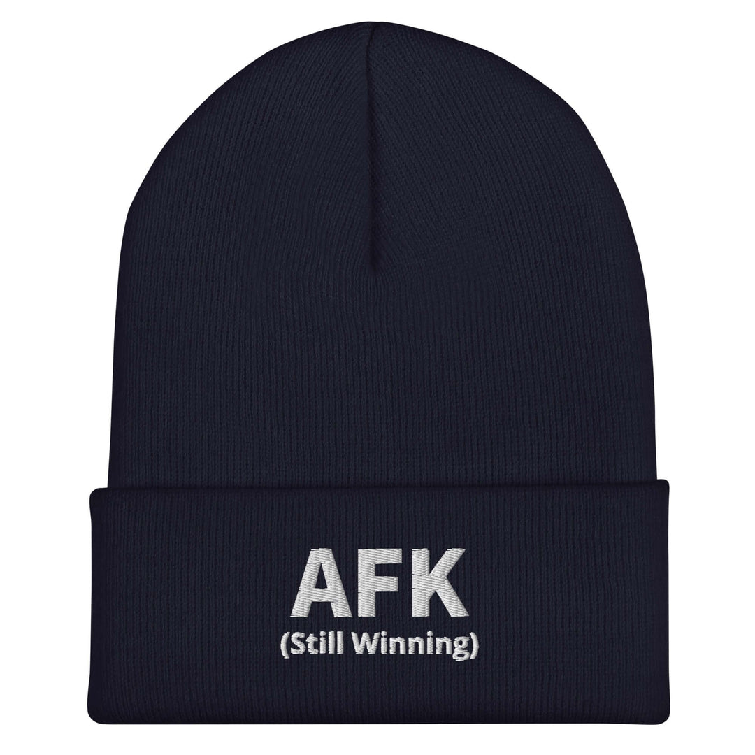 AFK cuffed beanie in navy color featuring "AFK (Still Winning)" embroidered on the front.