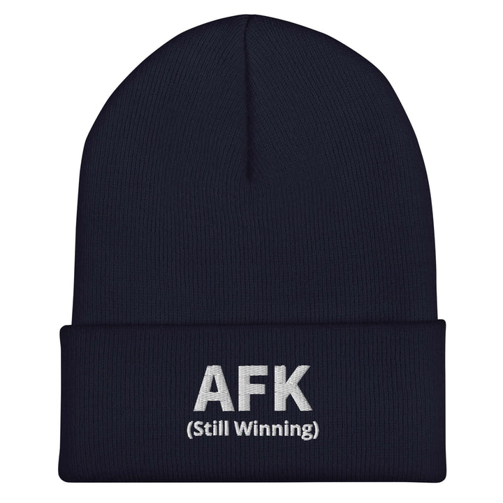 AFK cuffed beanie in navy color featuring "AFK (Still Winning)" embroidered on the front.