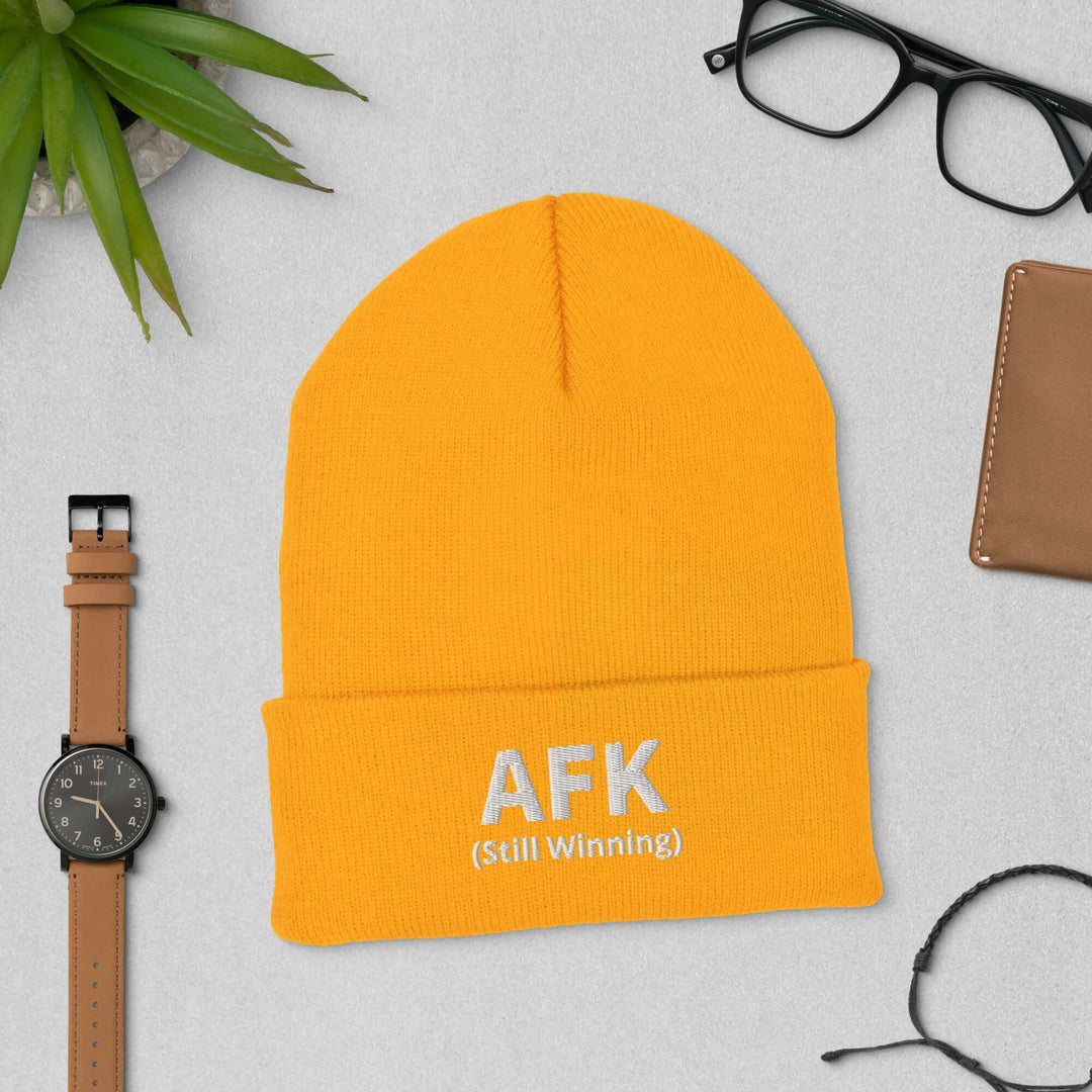 AFK cuffed beanie in vibrant yellow, featuring the text &