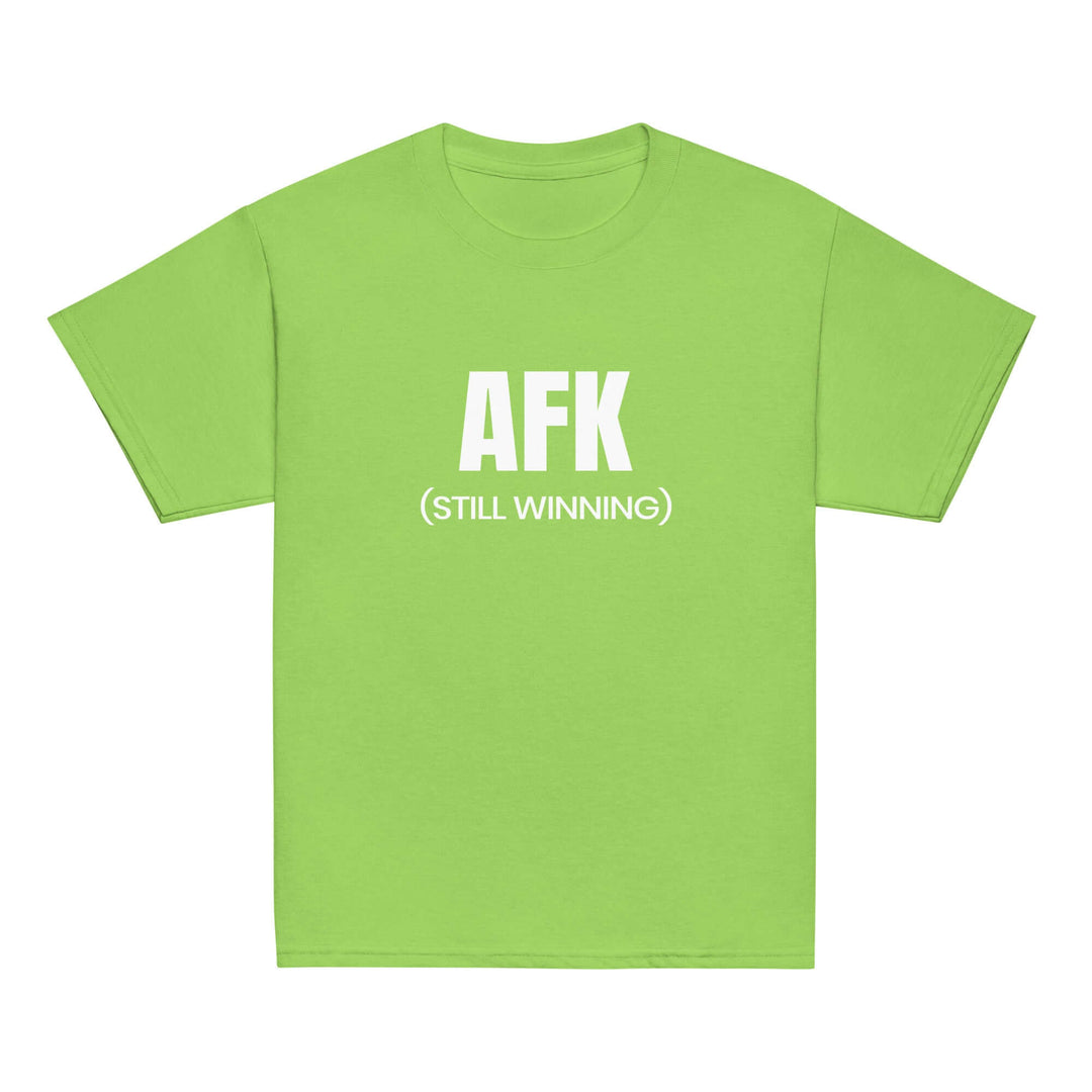 AFK Youth classic tee in bright green with "AFK (STILL WINNING)" printed in white.