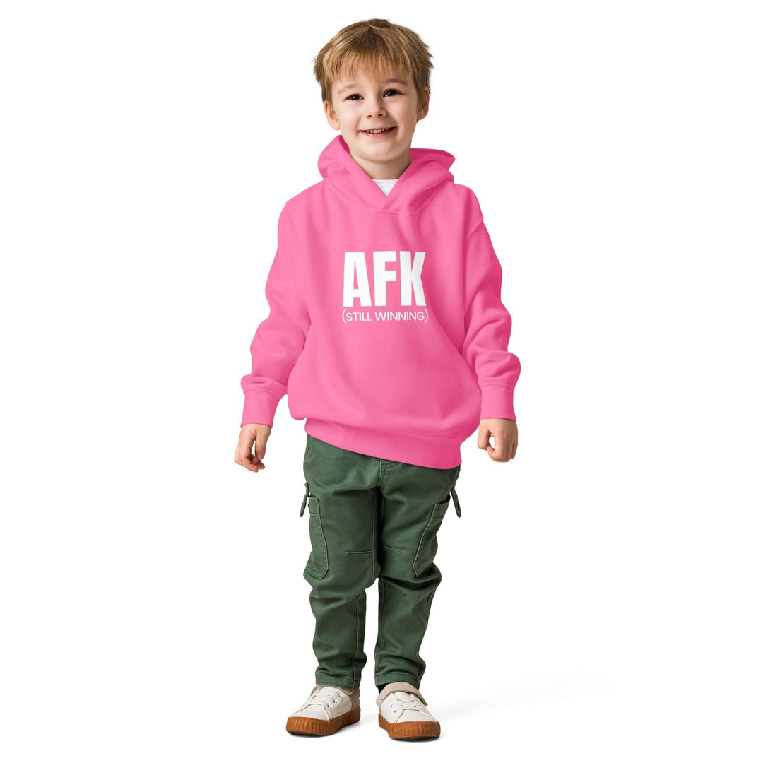 AFK Toddler fleece pullover hoodie worn by a happy toddler in a pink color, perfect for comfort and style.