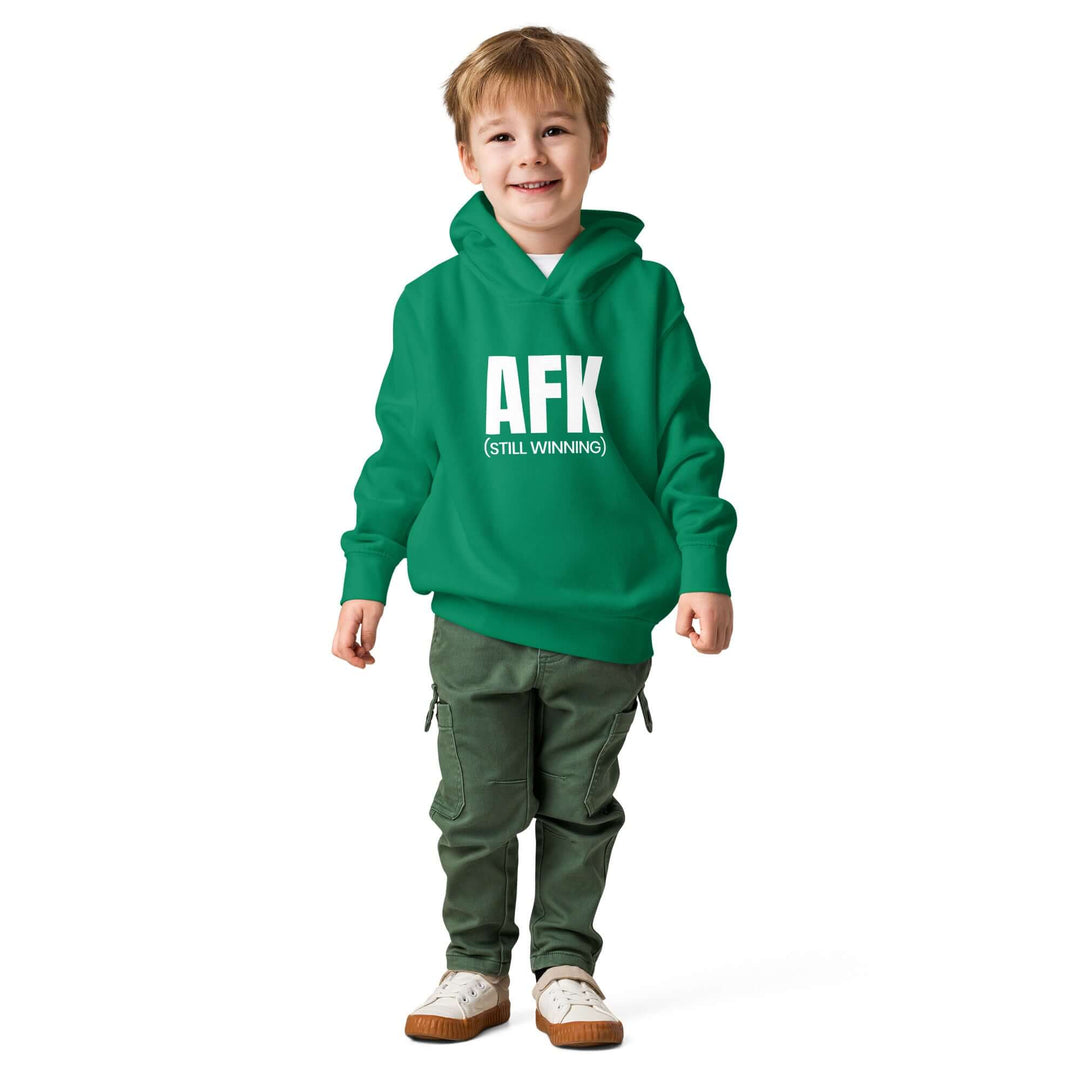 AFK Toddler fleece pullover hoodie modeled by a smiling boy in a green hoodie and cargo pants.