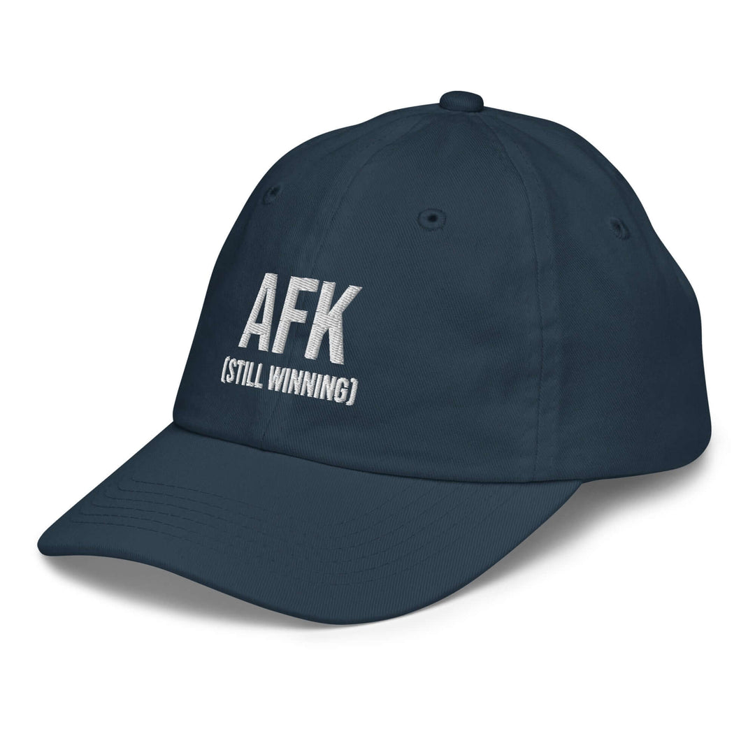 AFK Youth baseball cap in navy blue with embroidered text 'AFK (STILL WINNING)' for stylish sun protection.