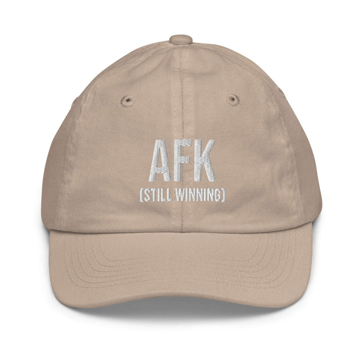 AFK Youth baseball cap in beige color with embroidered text AFK (STILL WINNING) for stylish sun protection.