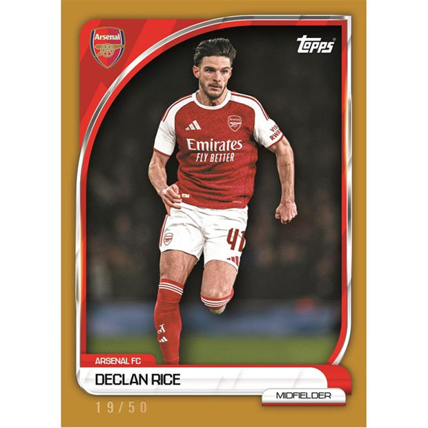 Arsenal Collectors Tin 2025-26 Declan Rice Midfielder card number 19 of 50 in limited edition design.