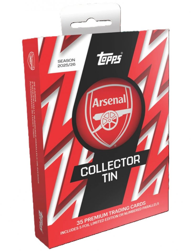Arsenal Collectors Tin 2025-26 featuring 35 premium trading cards and collectible features.