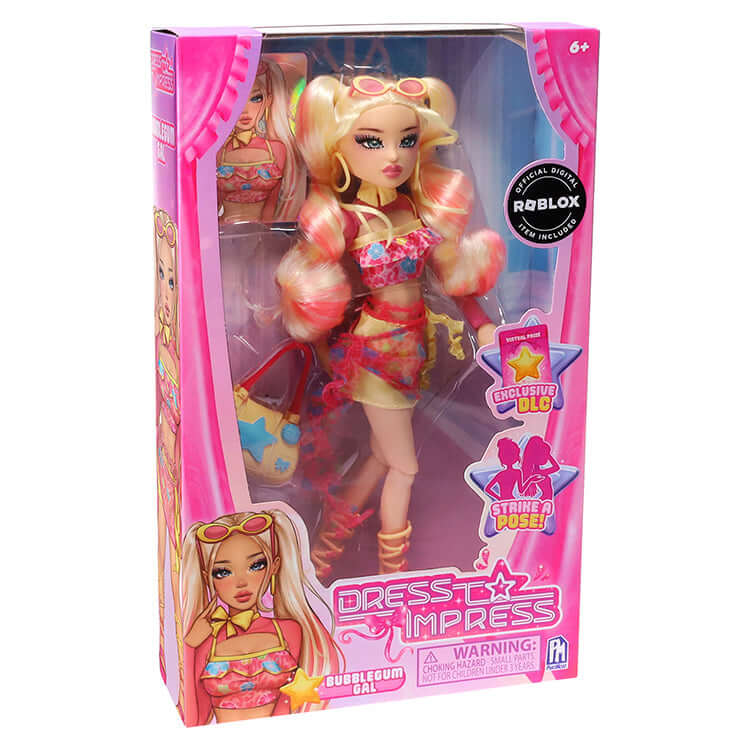 Dress To Impress Bubblegum Gal Fashion Doll Series 1 in colorful packaging with summer outfit and accessories.