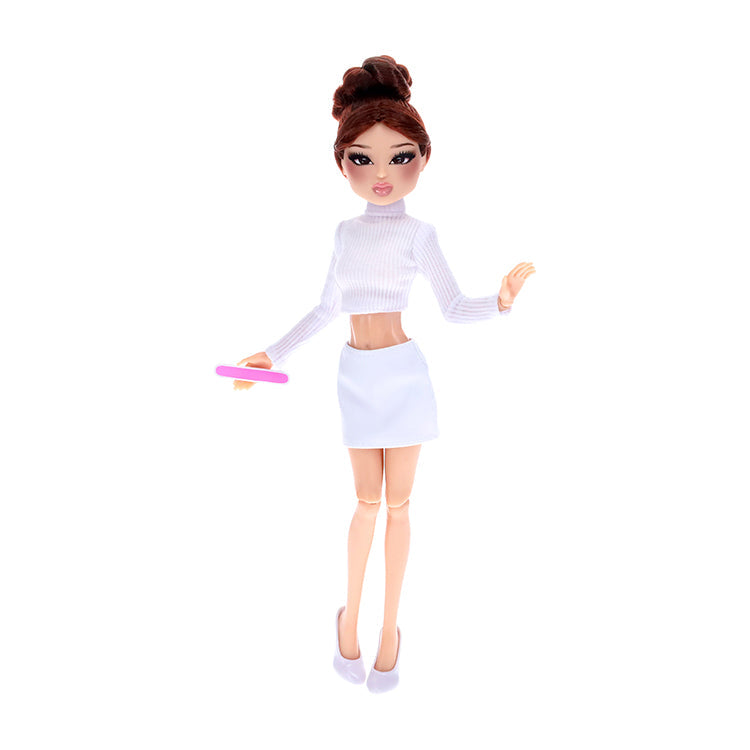 Dress To Impress Lana Fashion Doll Series 1 in stylish all-white outfit holding a pink nail file.