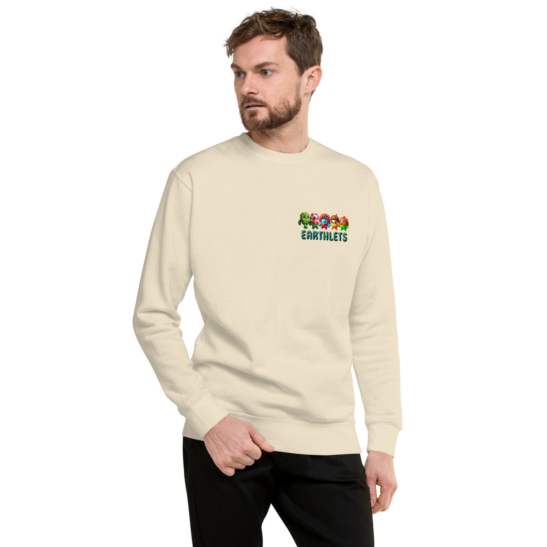 Man wearing Earthlets unisex premium sweatshirt with a crew neck and long sleeves, showcasing a casual style.