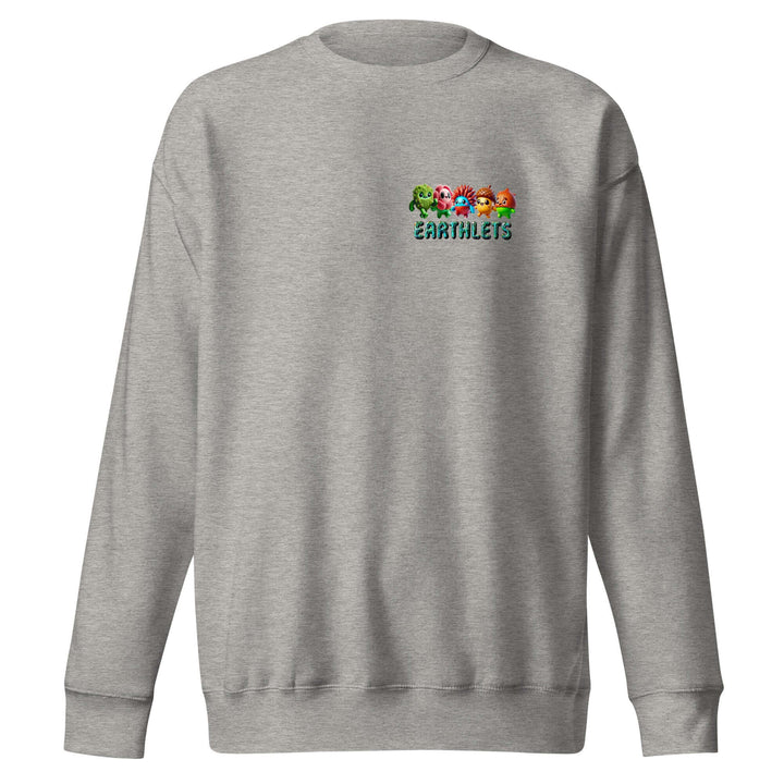 Earthlets unisex premium sweatshirt in gray featuring colorful logo design on the chest.