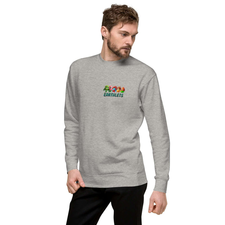 Earthlets Unisex Premium Sweatshirt featuring colorful Earthlets logo on a stylish model.