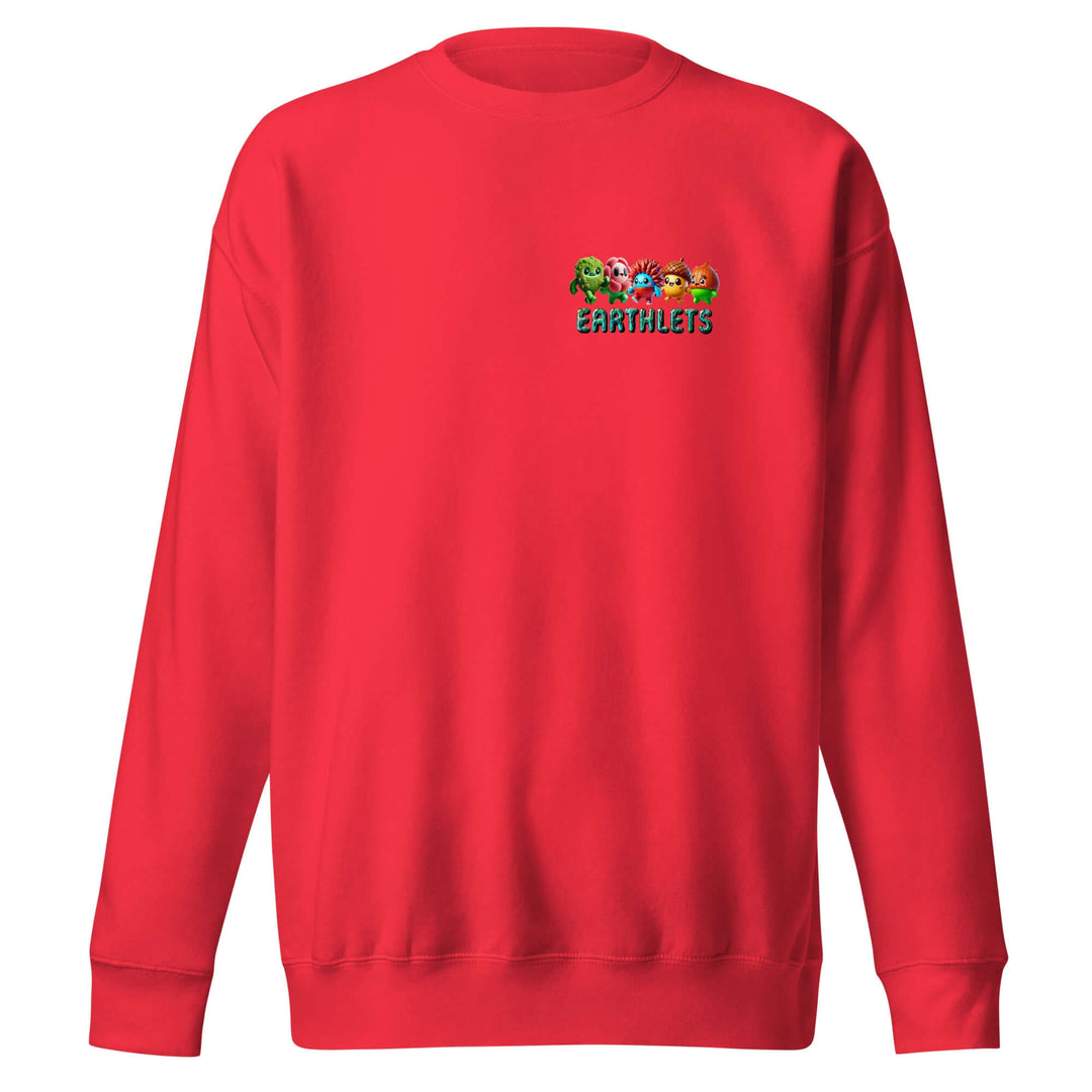 Earthlets unisex premium sweatshirt in vibrant red with colorful graphic design on the front.