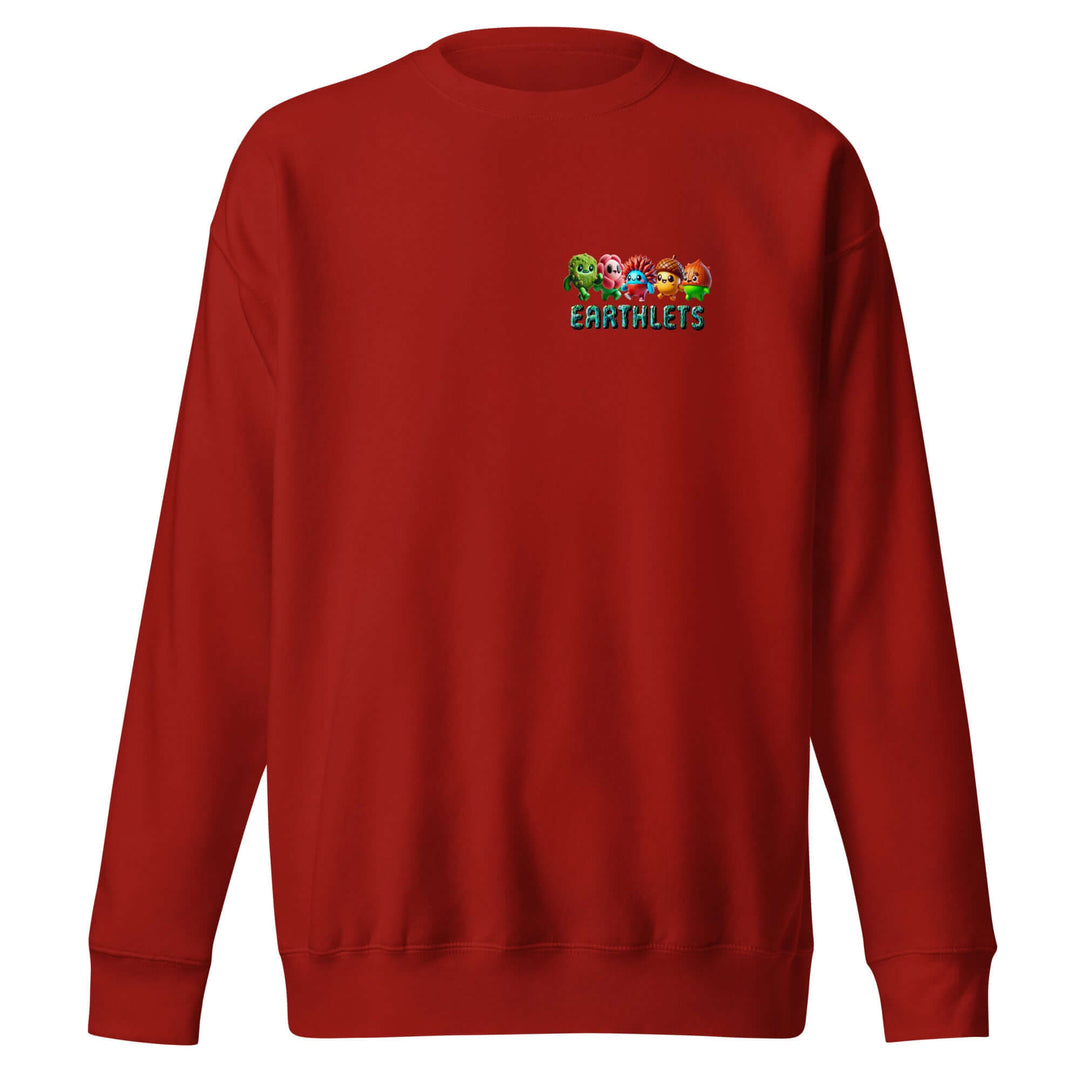 Earthlets unisex premium sweatshirt in red with colorful graphic print on chest.
