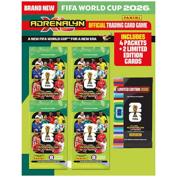 FIFA World Cup 2026 Adrenalyn XL Official Trading Cards featuring packets and limited edition cards.