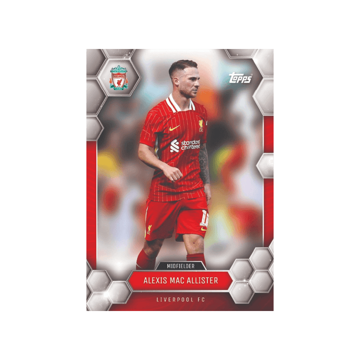 Alexis Mac Allister Liverpool FC player card from Topps 2024/25 Fan Set featuring red jersey and vibrant design.