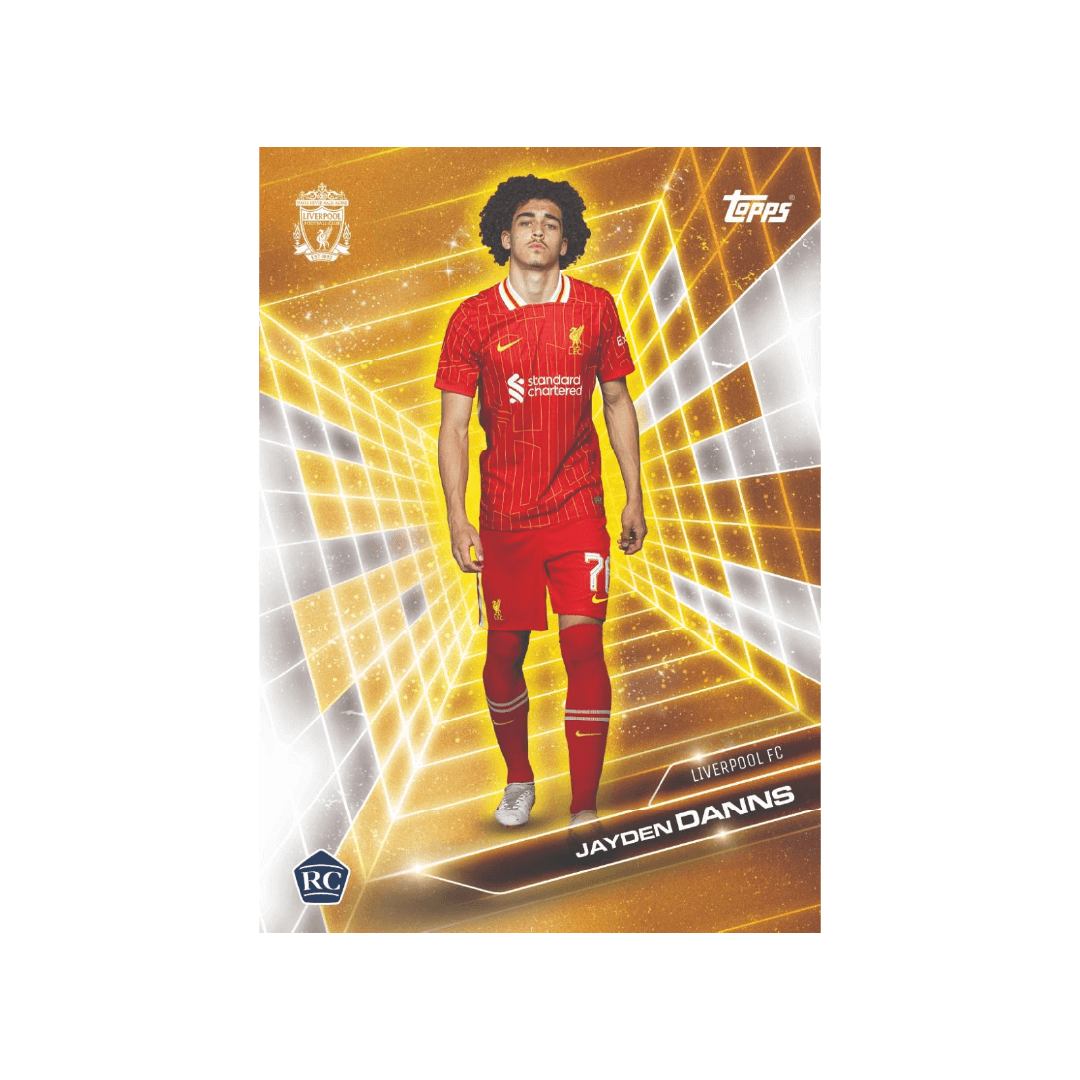 Jayden Danns Liverpool FC Topps trading card from the 2024/25 Fan Set featuring a dynamic gold background.