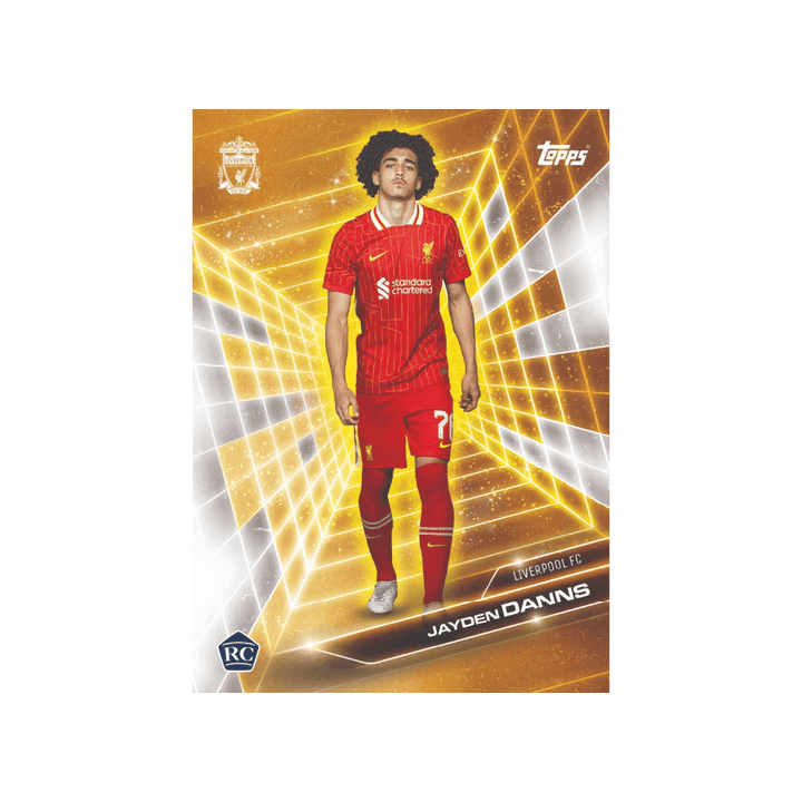 Jayden Danns Liverpool FC Topps trading card from the 2024/25 Fan Set featuring a dynamic gold background.