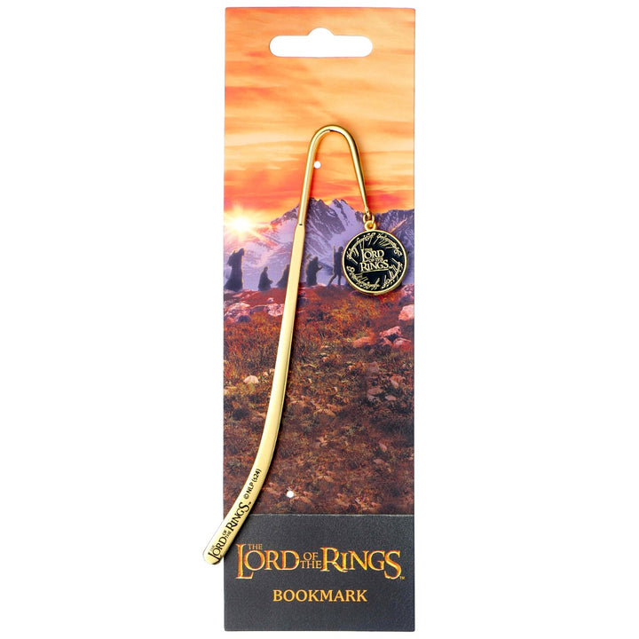 The Lord of the Rings logo bookmark displayed on a scenic background, featuring a gold design and iconic charm.