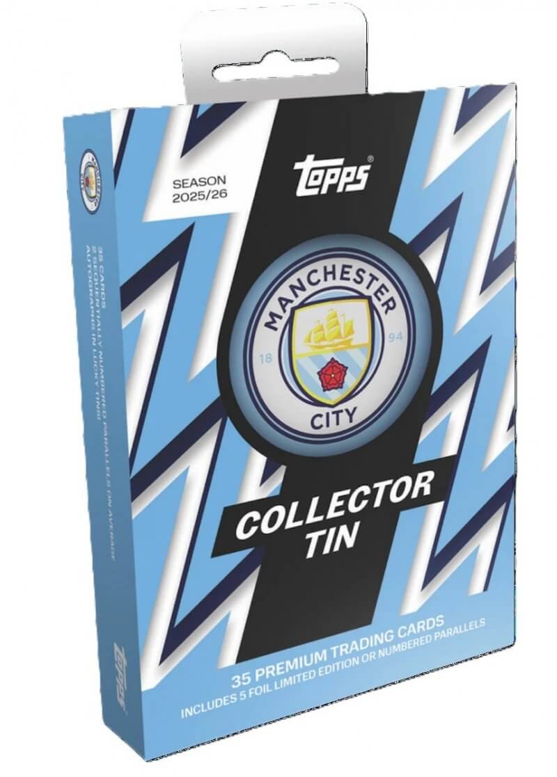 Manchester City Collectors Tin - 2025-26 featuring 35 premium trading cards in collectible packaging.