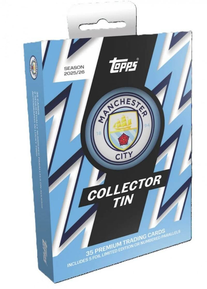 Manchester City Collectors Tin - 2025-26 featuring 35 premium trading cards in collectible packaging.