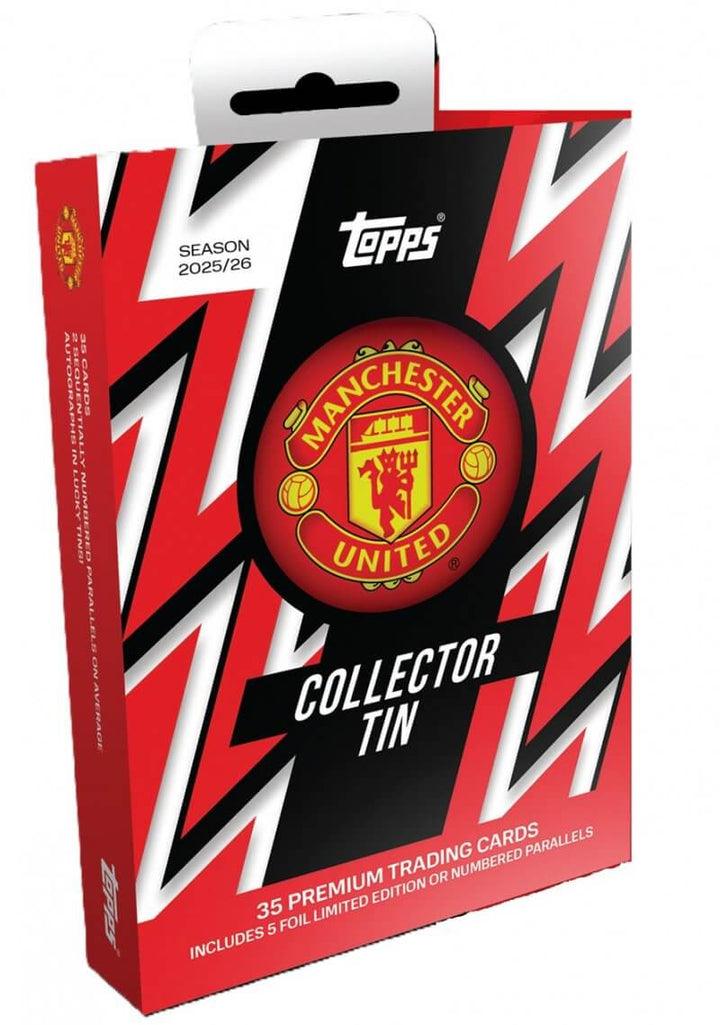 Manchester United Collectors Tin - 2025-26 featuring 35 premium trading cards in a vibrant tin design.