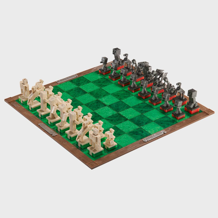 Minecraft Chess Set Overworld Heroes vs Hostile Mobs displayed on textured green chess board.