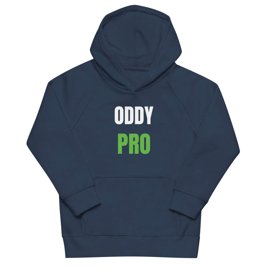 Oddy Pro Kids eco hoodie in navy blue with white and green lettering, perfect for kids&