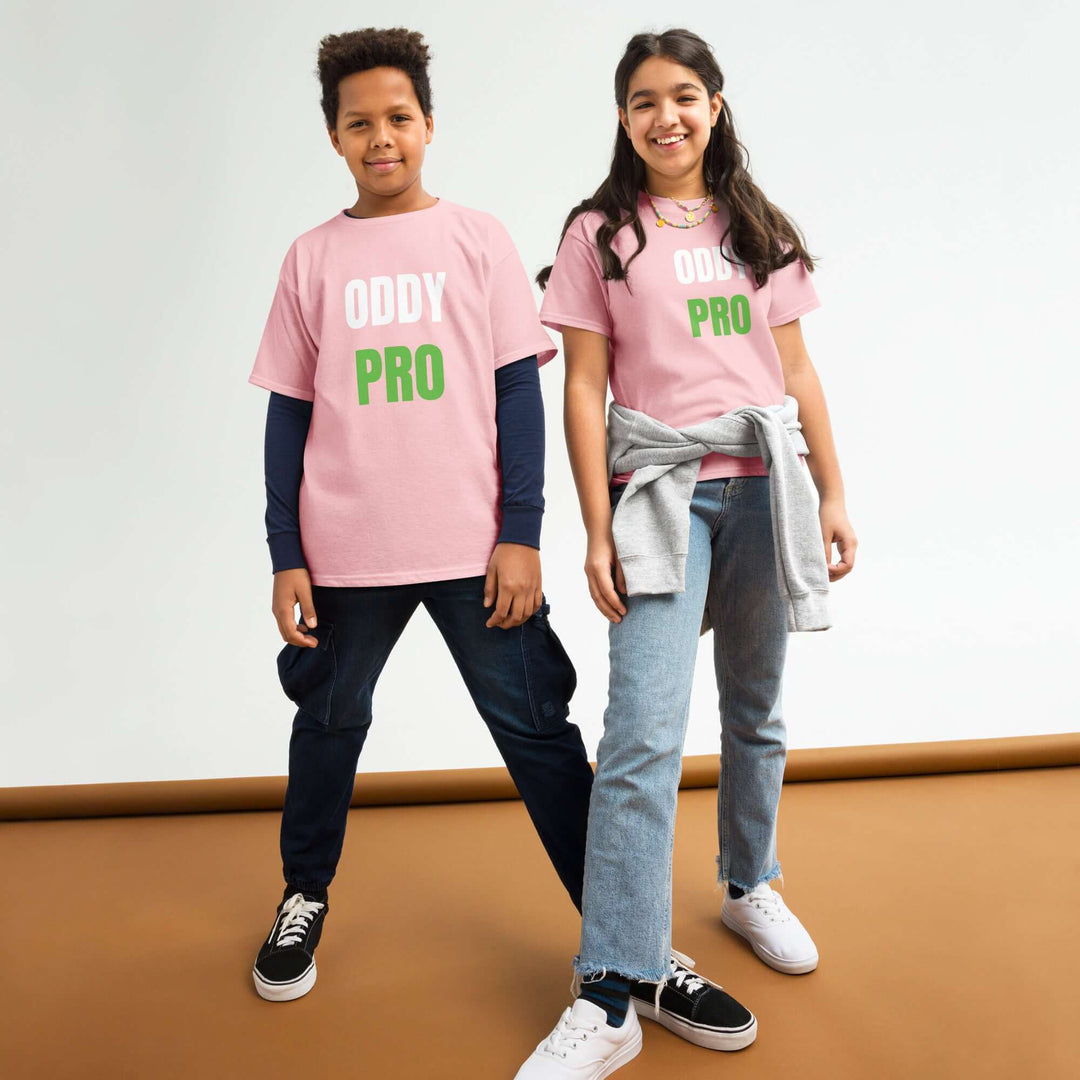 Two kids wearing Oddy Pro Youth classic t-shirt in pink, showcasing its stylish and comfortable design.