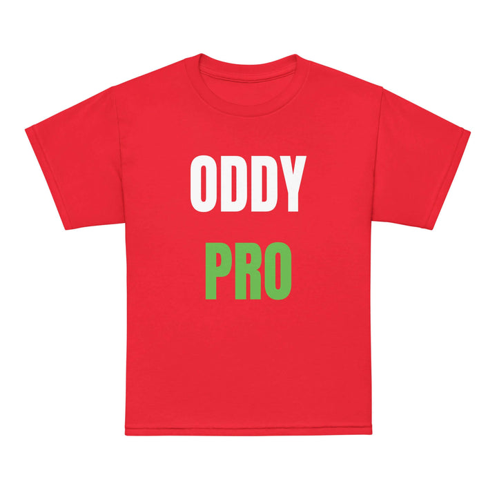 Oddy Pro Youth t-shirt in red with white and green print, perfect for active kids and moisture-wicking comfort.