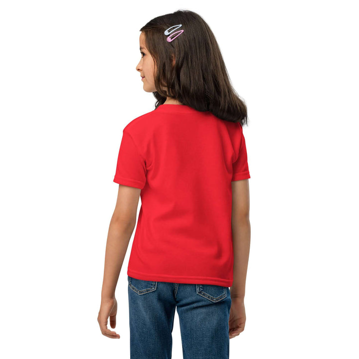 Back view of a girl wearing an Oddy Pro Youth t-shirt in red, showcasing its comfortable fit and modern style.