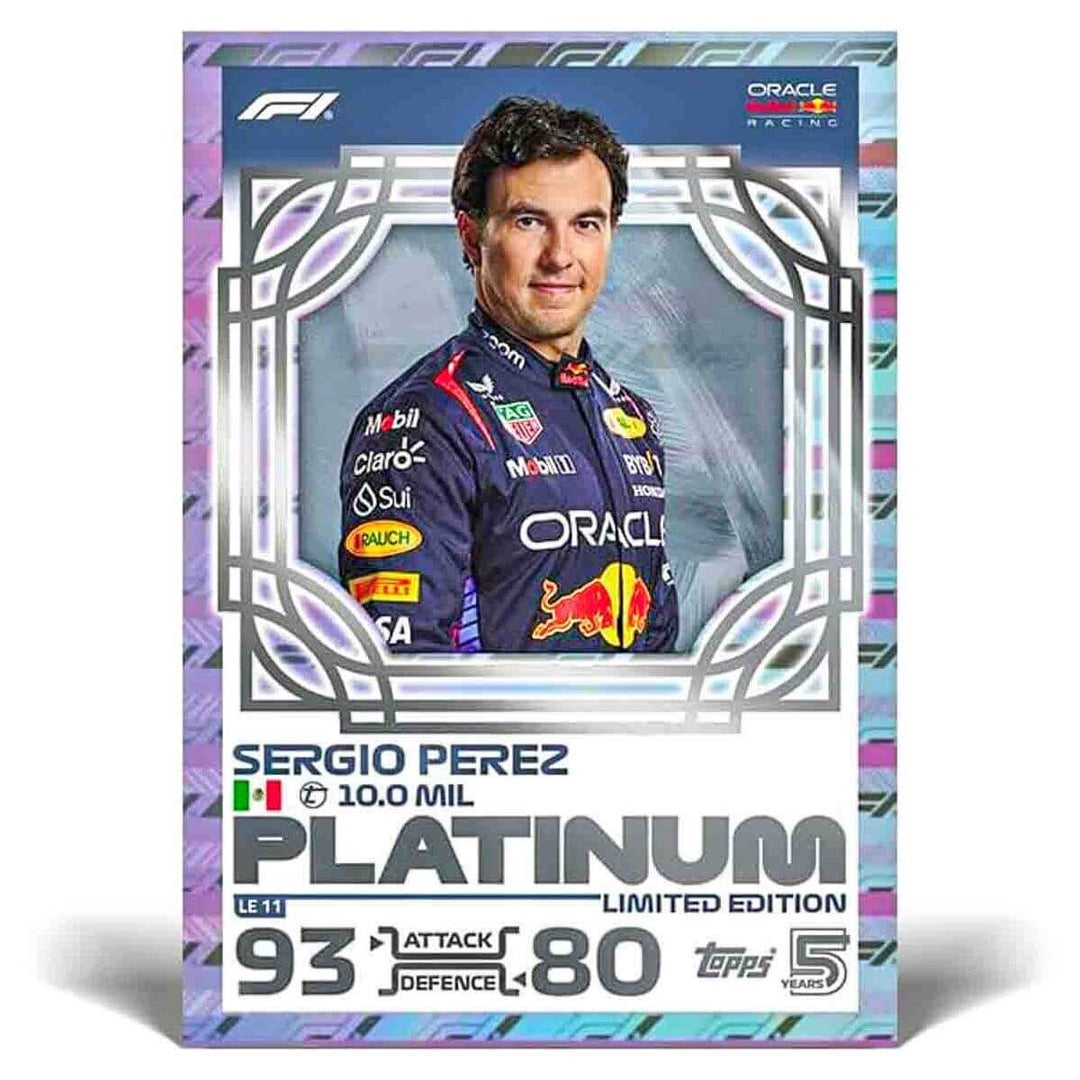 Sergio Perez Platinum Limited Edition card from Topps F1 Turbo Attax 2024 featuring high attack and defense stats.