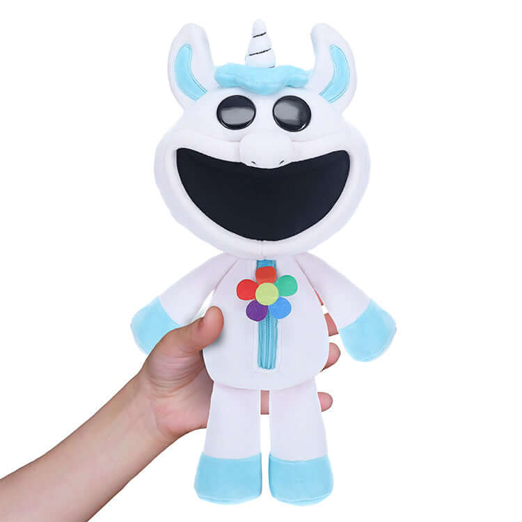 CraftyCorn 12" plush toy from Poppy Playtime series, featuring bright colors and a playful smile.