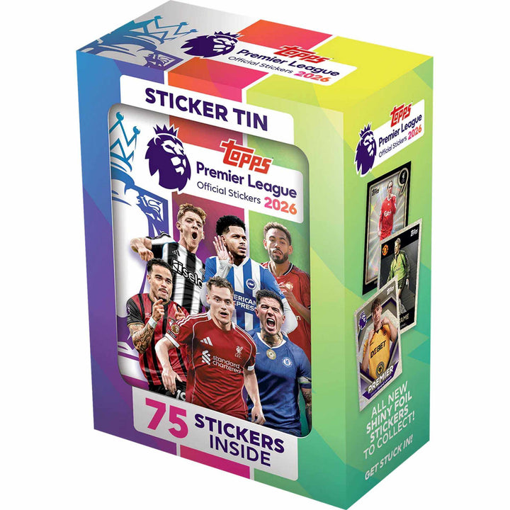 Premier League 2026 Stickers Mini Tin featuring 75 official stickers for collectors and fans.