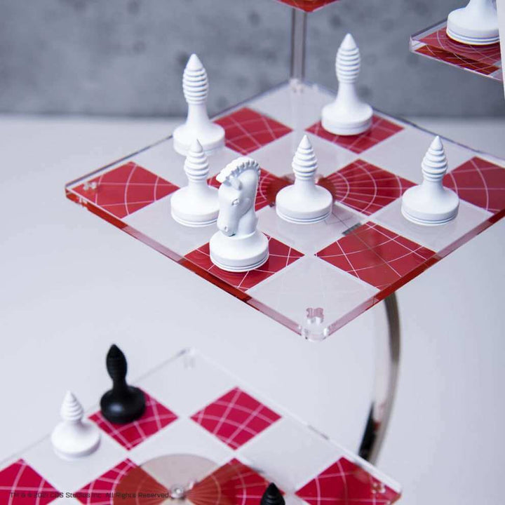 Star Trek Tri-Dimensional Chess Set featuring acrylic game pieces on an interconnected board.