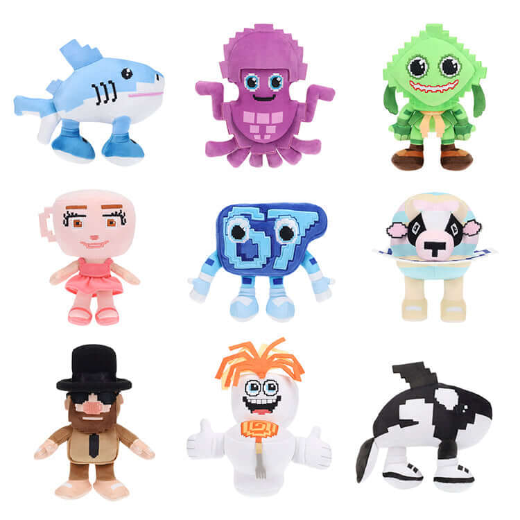 Steal A Brainrot 4" Collectible Plush featuring colorful characters from Roblox including octopus, shark, and panda.