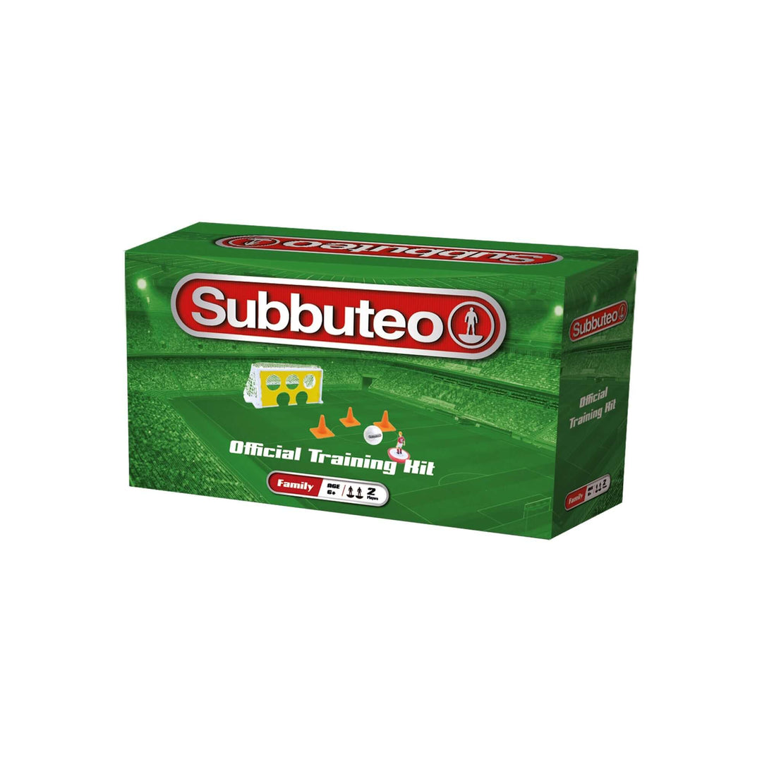 Subbuteo Training Set official training kit displayed in a green box on a football pitch background.